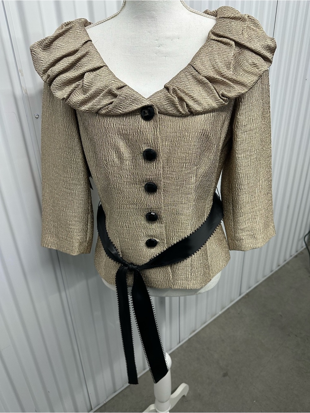 Adrianna Papell Champagne Textured Ruffled Collar Blazer with Black Ribbon Belt